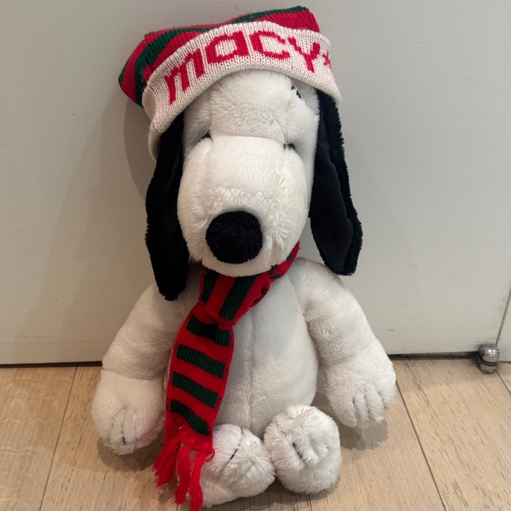 Vintage Snoopy Plush with Red & Green Macy’s Hat and Scarf 18”